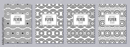 Set of flyers, posters, banners, placards, brochure design templates A6 size with overlapping circles ornaments. Graphic design for greeting, invitation cards. Vector black and white backgrounds.