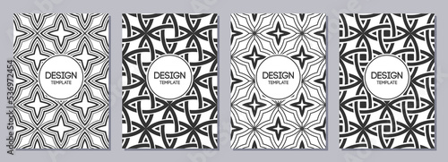 Set of flyer, posters, banners, placards, brochure design templates A6 size with decorative ornaments, four pointed stars. Graphic design templates. Geometric textures. Abstract vector backgrounds.