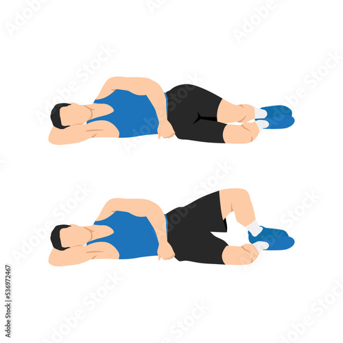 Man doing Clamshells. Clams exercise. Flat vector illustration isolated on white background