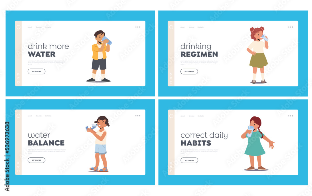 Children Refreshment Landing Page Template Set. Kids Drinking Clean Water. Little Boys and Girls Characters with Cups