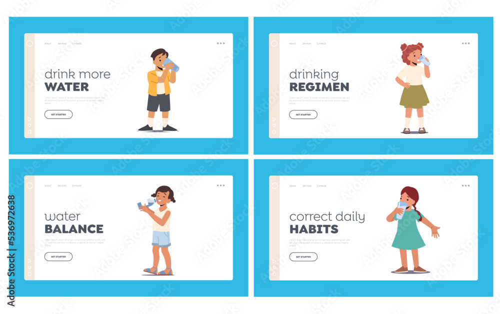 Children Refreshment Landing Page Template Set. Kids Drinking Clean Water. Little Boys and Girls Characters with Cups Children Refreshment Landing Page Template Set. Kids Drinking Clean Water. Little Boys and Girls Characters with Cups