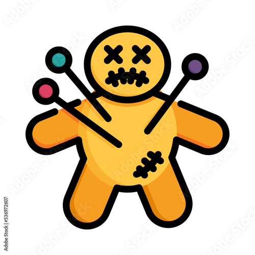 Scary doll icon. Filled outline design. Voodoo Doll isolated on white background.