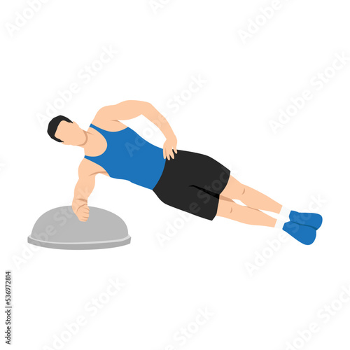 Man doing Bosu ball side plank exercise. Flat vector illustration isolated on white background