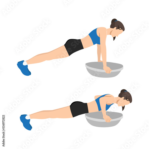 Woman doing Bosu ball push ups exercise. Flat vector illustration isolated on white background