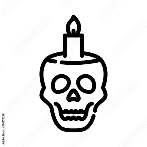 Burning candle with skull icon. Outline design. Old human skull with burning candle.
