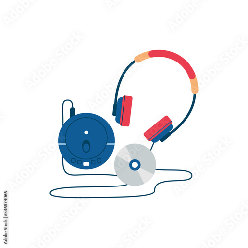 Old fashioned portable music player with CD discs and headphones. Device for listening to compositions and songs, gadget. Vector in flat cartoon style