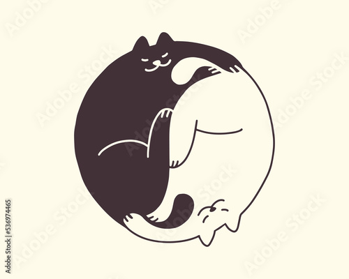 Cute abstract yin yang sign. Two cats sleeping circle form. Black and white kittens make by body yin and yang icon. Harmony, zen, balance concept. Kawaii isolated vector illustration. Chinese culture