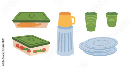 Picnic food in containers, disposable plastic plates and cups. Thermos with tea or water beverage. Eating outdoors on nature. Vector in flat cartoon style