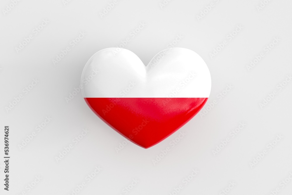Souvenir of Poland - a heart-shaped badge with the flag of Poland as a symbol of patriotism and pride in their country. State symbol of Poland on a glossy badge. 3D rendering Souvenir of Poland - a heart-shaped badge with the flag of Poland as a symbol of patriotism and pride in their country. State symbol of Poland on a glossy badge. 3D rendering