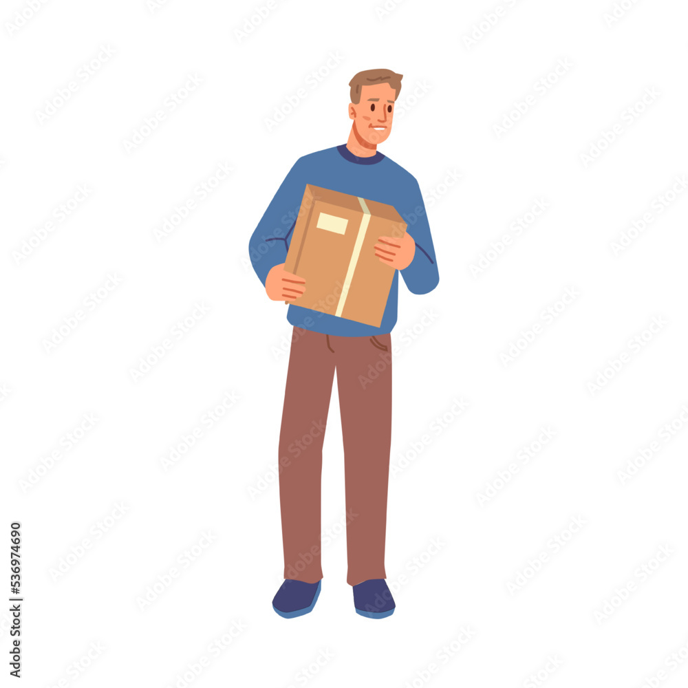 Male character relocating or moving. Isolated man with carton box carrying personal belonging and stuff. Courier with delivery. Vector in flat cartoon style Male character relocating or moving. Isolated man with carton box carrying personal belonging and stuff. Courier with delivery. Vector in flat cartoon style
