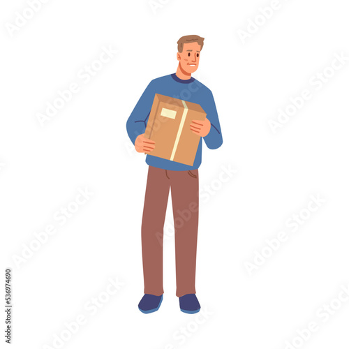 Male character relocating or moving. Isolated man with carton box carrying personal belonging and stuff. Courier with delivery. Vector in flat cartoon style