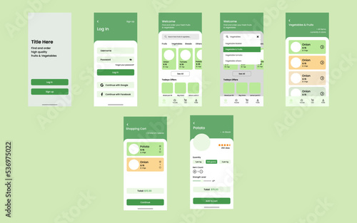 UI UX set screen for mobile app and responsive website. vector design. Online grocery store mobile app screen.