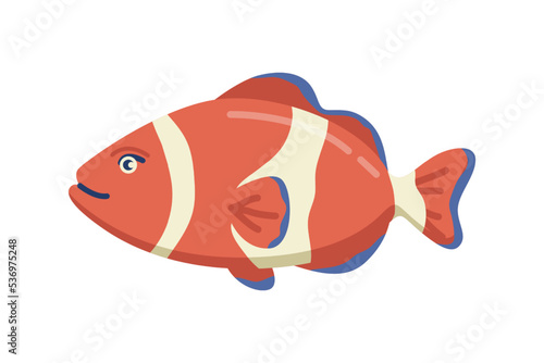 Amphiprion underwater animal, isolated sea and oceanic life and creatures. Marine dweller with colorful body and fins for swimming. Vector in flat cartoon style