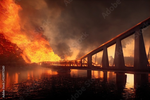 3D illustration about an explosion on Kerch Strait Bridge of Crimea on fire. Concept of sabotage to logistic in an apocalyptic war. Hellish battlefield in a wasteland city of Ukraine. © bennymarty
