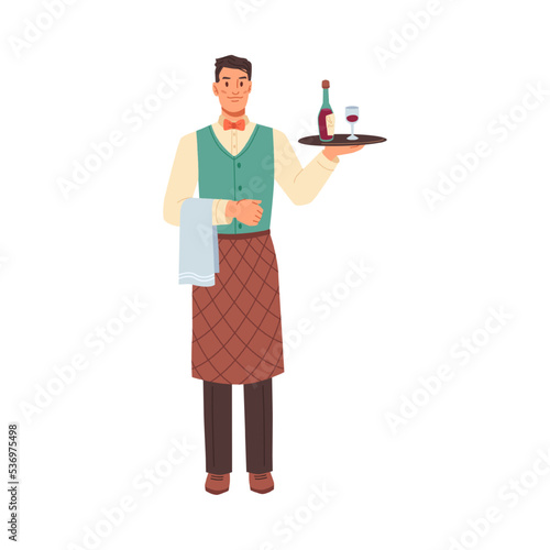 Server in restaurant or cafe, isolated waiter holding tray of wine bottle. Getting orders to customers. Personage or character, vector in flat cartoon style