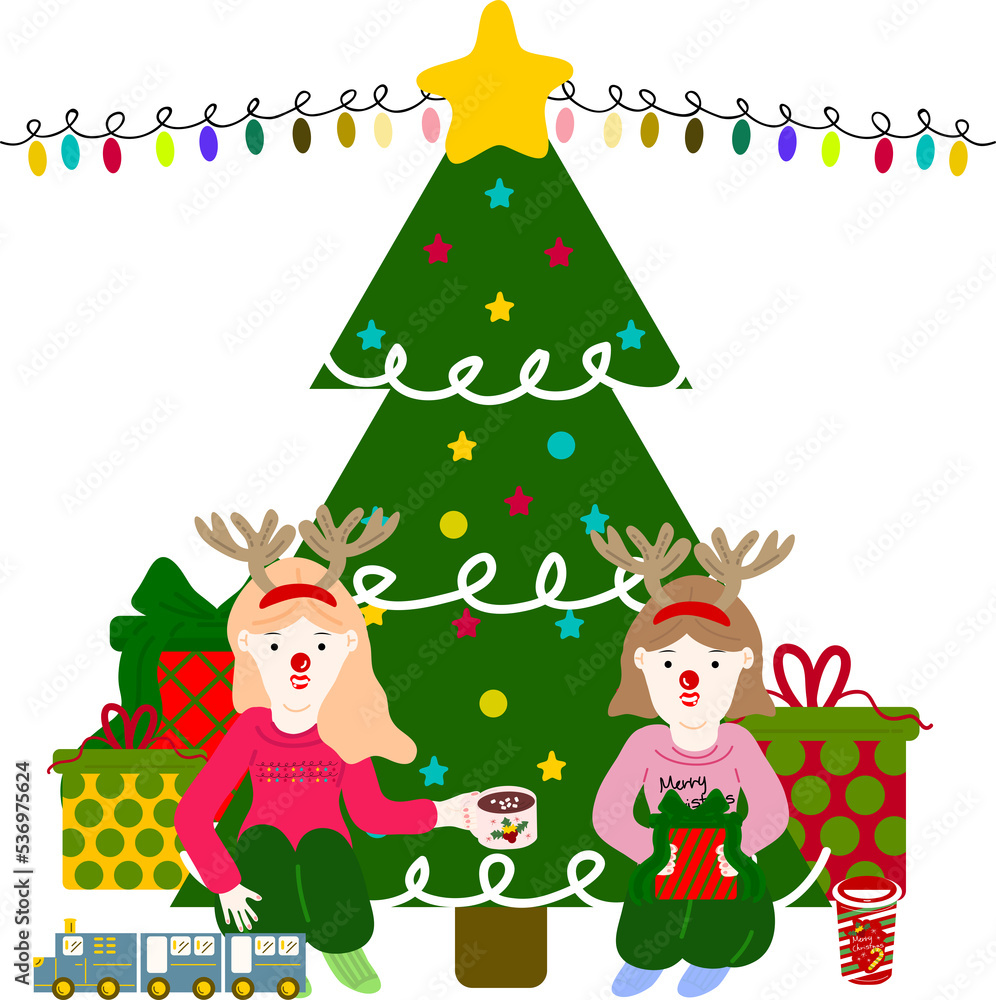 Christmas girl. Garlands, flags, labels, bubbles, ribbons and stickers. Collection of Merry Christmas decorative icons Christmas girl. Garlands, flags, labels, bubbles, ribbons and stickers. Collection of Merry Christmas decorative icons