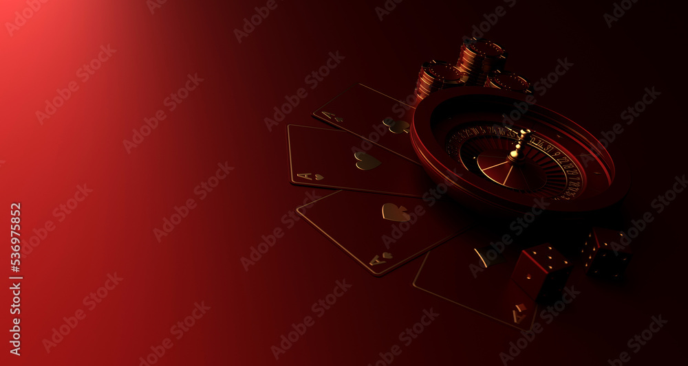 Fototapeta premium Casino roulette, playing cards, chips and dice. Vegas casino game. Probability of luck in gambling. Online casino. 3d rendering.