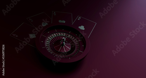 Casino roulette, playing cards. Vegas casino game. Probability of luck in gambling. Online casino. 3d rendering.