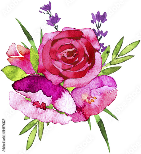 Hand drawn watercolor flower bouquet of roses, poppy and escholtia. High quality illustration photo