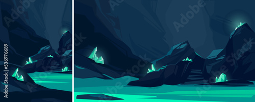 Cave with turquoise crystals. Underground location in different formats.
