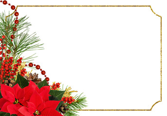 Christmas corner arrangement with pine twigs, red berries and poinsettia flowers with golden glitter frame isolated
