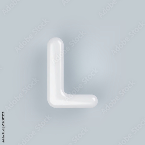 3D White plastic uppercase letter L with a glossy surface on a gray background.