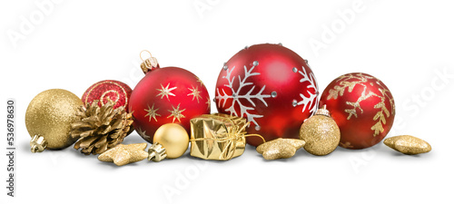 Christmas decorations with   baubles  isolated on white background photo