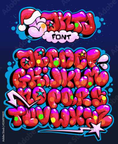 Santa cartoon font. Holidays letters in flop graffiti style illustration for fun inscription decoration