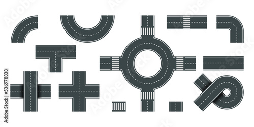 
Vector illustration of road elements with white markings isolated on white background. Empty asphalt highway icons in top view. Set of connectable road elements with footpaths and turns for city map.