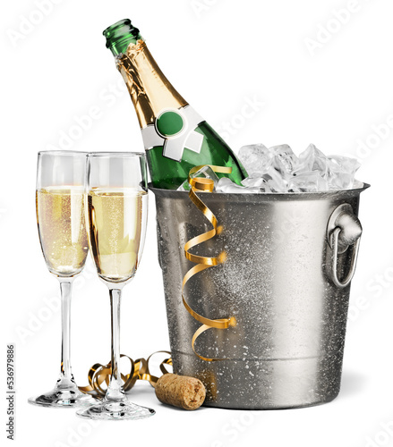 Two glasses of champagne and bottle on background photo