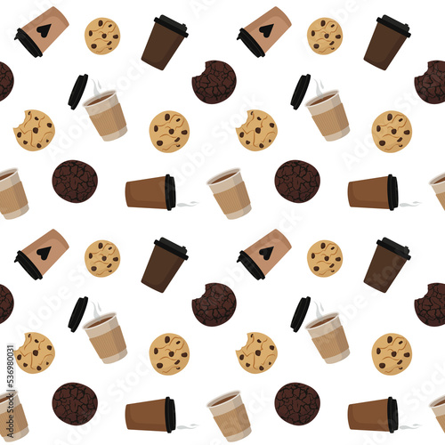 Seamless pattern of cookies and coffee on a white background. For wrapping paper, wallpaper, screensavers