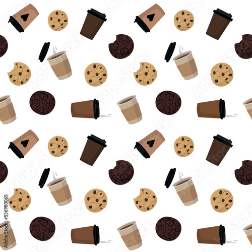 Seamless pattern of cookies and coffee on a white background. For wrapping paper, wallpaper, screensavers