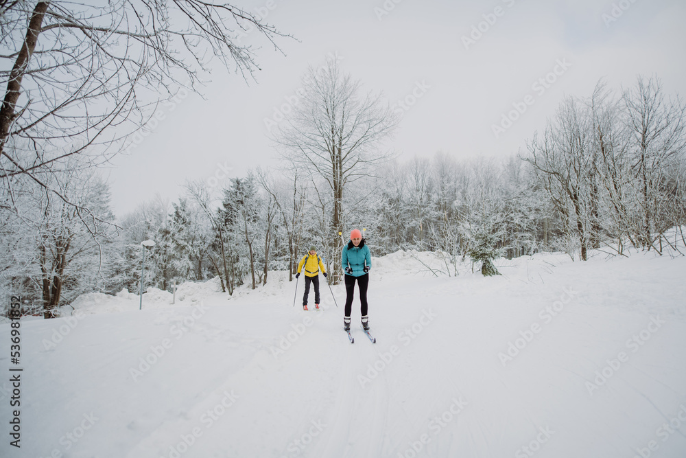 Senior couple skiing together in the middle of forest