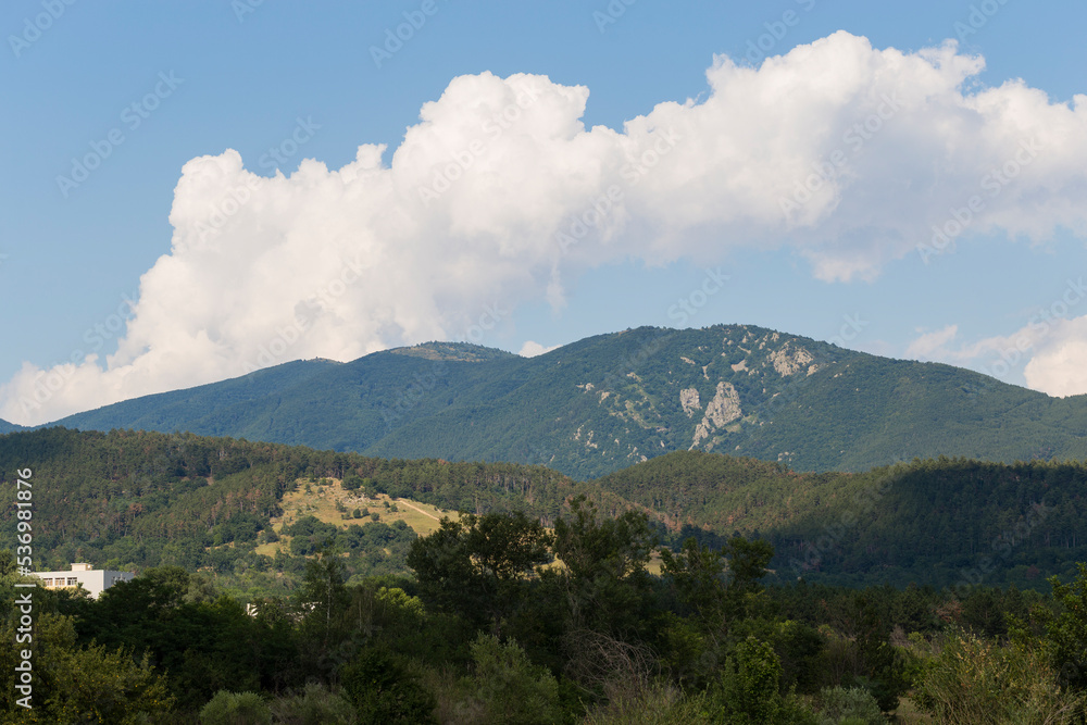 Panoramic terrain of southern Europe. Landscape of Bulgaria-mountains, fields, flora.