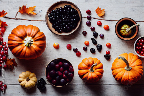 Autumn background of fallen leaves, berries and pumpkins on a white wooden background. Halloween day concept. 3d illustration