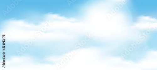 realistic white sunny cloud background design, empty blue sky illustration template vector