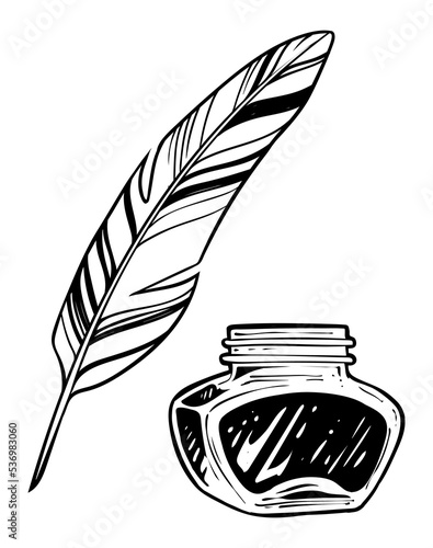 Inkwell and feather, hand drawn vector illustration