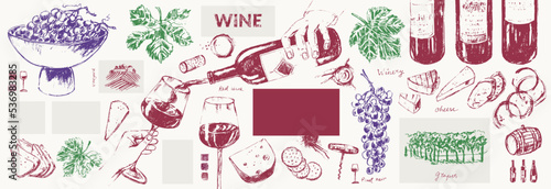 Hand drawn wine illustration set.