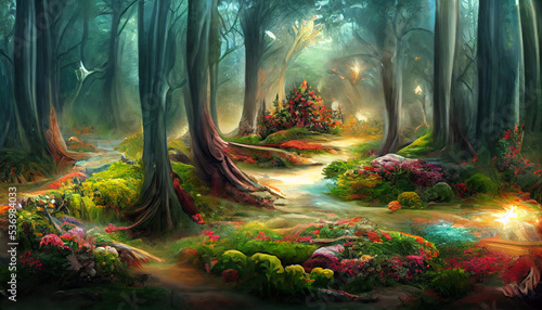 The Enchanted Forest of the Magic Natural Landscape and River Flow Background, Fairy Tale of the Magical Forest, Fantasy Forest Natural Beauty Landscape