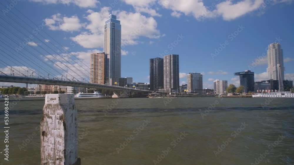City of Rotterdam waterway. skyline from the city of rotterdam with the erasmus bridge City of Rotterdam waterway. skyline from the city of rotterdam with the erasmus bridge