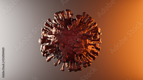 Illustration of one single red orange virus cell, visualization of a viral infection, coronavirus covid-19 monkeypox background with copy space for text photo