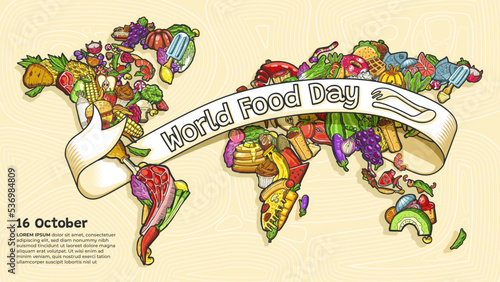 World Food Day Banner with Hand Drawn Foods as World Map Illustration