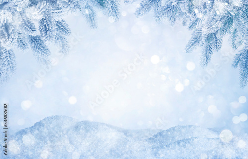 Winter Christmas background with fir branches and shining snow dunes © didecs