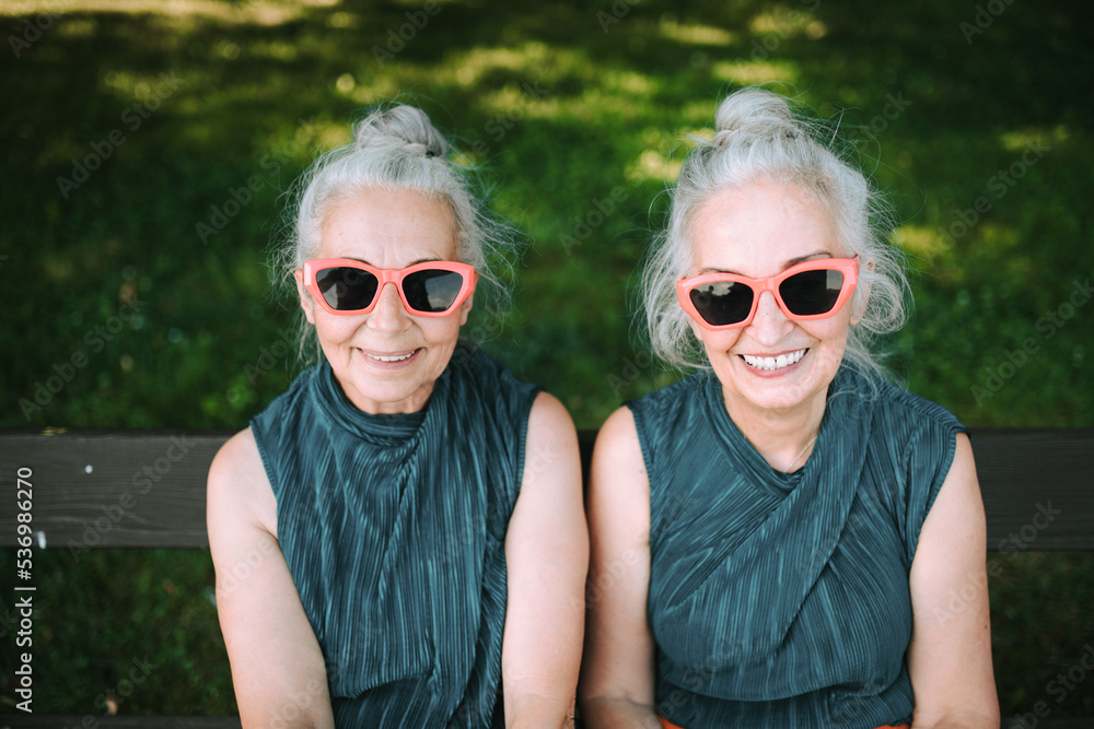 High angle view of happy senior women, twins in same clothes, smiling and posing in city park. - obrazy, fototapety, plakaty 