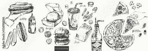 Hand drawn ink sketch of food and drink objects