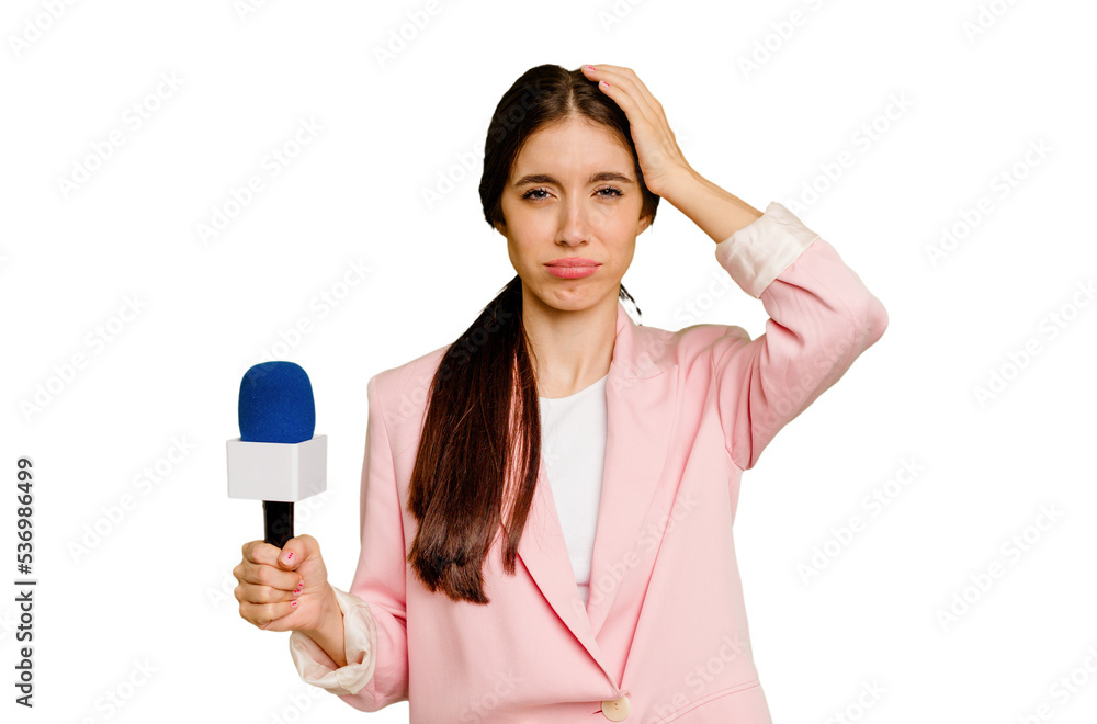 Young TV presenter caucasian woman isolated being shocked, she has remembered important meeting.