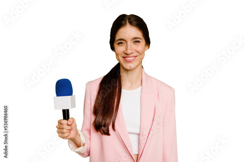 Young TV presenter caucasian woman isolated happy, smiling and cheerful.