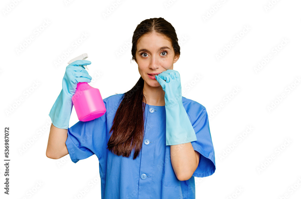 Young cleaner caucasian woman isolated biting fingernails, nervous and very anxious. Young cleaner caucasian woman isolated biting fingernails, nervous and very anxious.