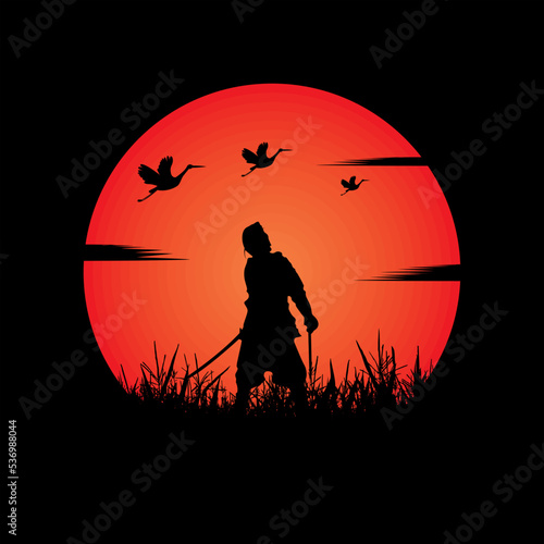 illustration vector graphic of Samurai training at night on a full moon. Perfect for wallpaper, poster, etc.