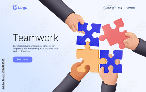 3D hand holding a jigsaw puzzle is putting the pieces together. Teamwork banner template. 3D render design style vector